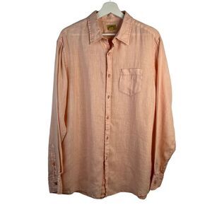 Three Truths Mens Size L Linen Button Up Shirt Long Sleeve Orange Lightweight